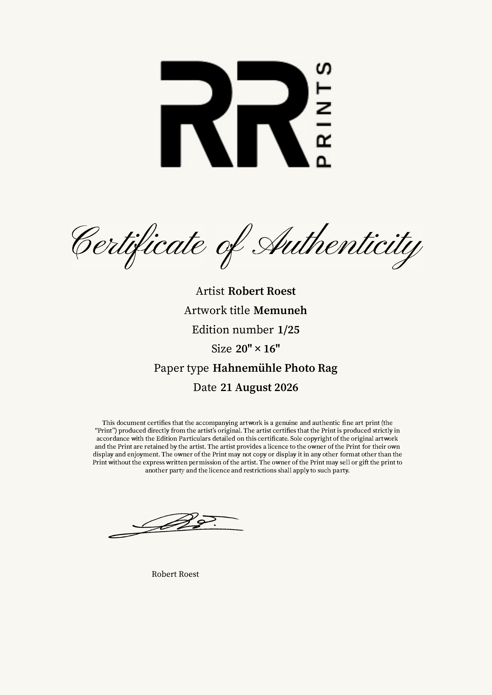 Memuneh — Certificate of Authenticity