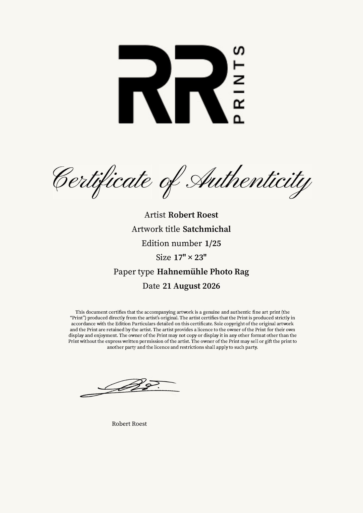 Satchmichal — Certificate of Authenticity